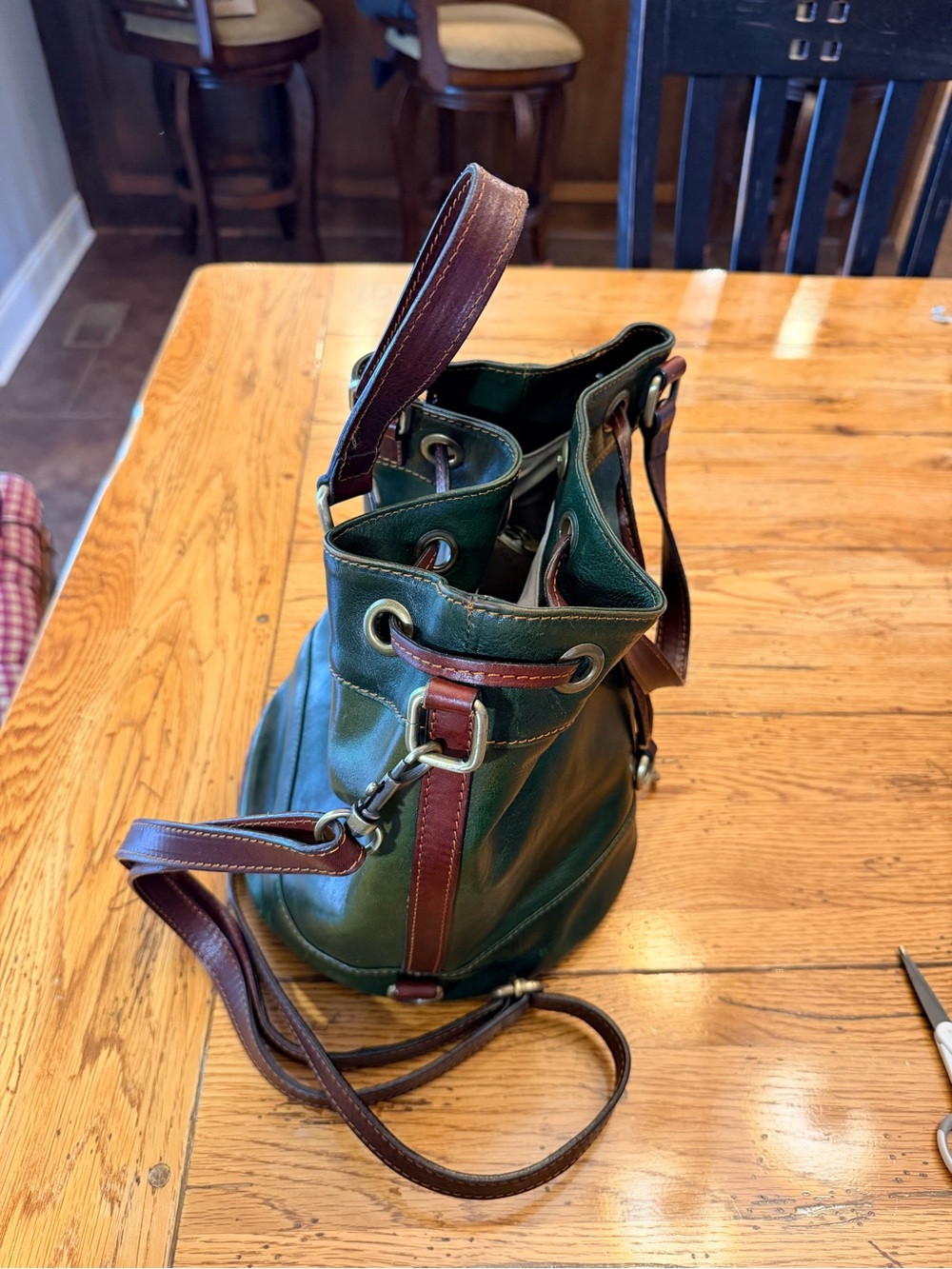 Time Resistance Green Italian Leather Drawstring Bucket Bag with Brown Trim - Picture 4 of 15